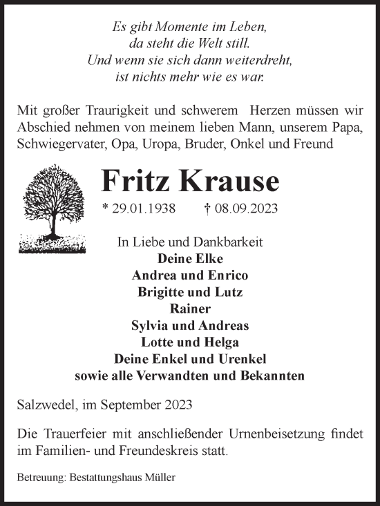 Traueranzeige von Fritz Krause von Volksstimme Altmark West