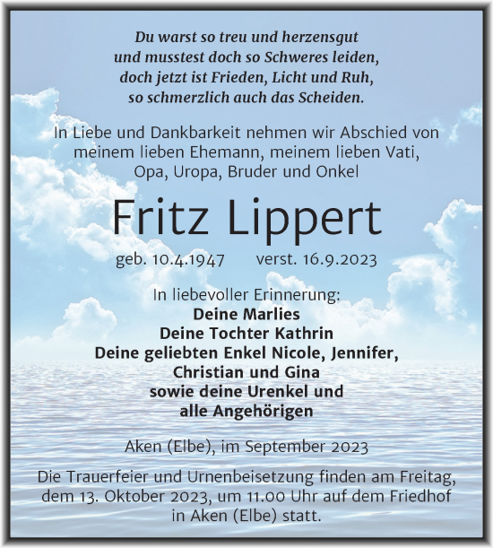 Traueranzeige von Fritz Lippert von Trauerkombi Köthen