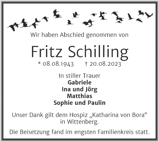 Traueranzeige von Fritz Schilling von Trauerkombi Wittenberg