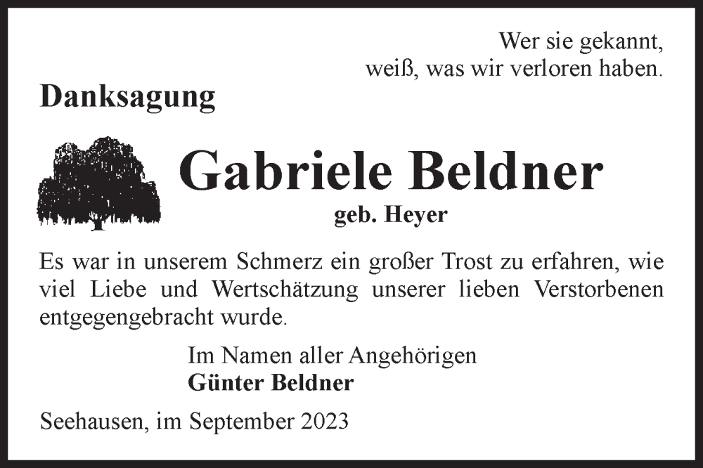  Traueranzeige für Gabriele Beldner vom 19.09.2023 aus Volksstimme Altmark Ost