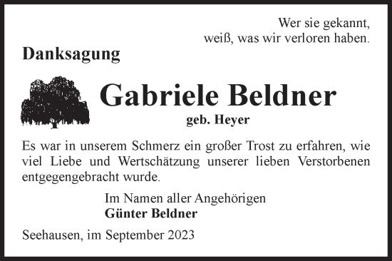 Traueranzeige von Gabriele Beldner von Volksstimme Altmark Ost