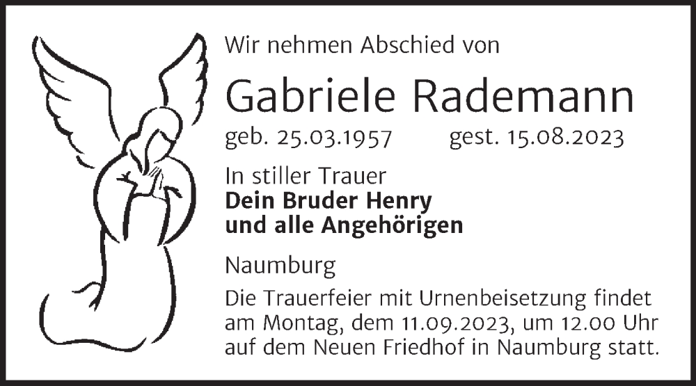  Traueranzeige für Gabriele Rademann vom 06.09.2023 aus Wochenspiegel Naumburg/Nebra