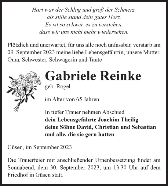 Traueranzeige von Gabriele Reinke von Volksstimme Burg/Genthin