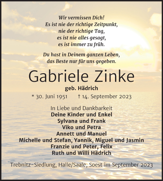 Traueranzeige von Gabriele Zinke von Trauerkombi Weißenfels