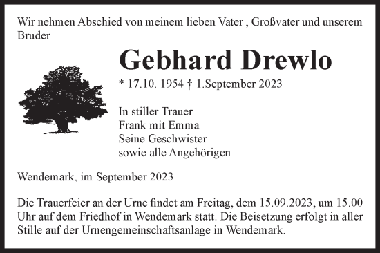 Traueranzeige von Gebhard Drewlo von Volksstimme Altmark Ost