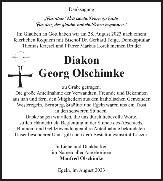 Traueranzeige von Georg Olschimke von Volksstimme Staßfurt
