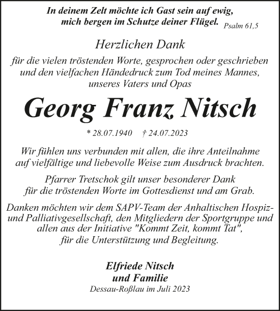 Traueranzeige von Georg Franz Nitsch von Trauerkombi Dessau