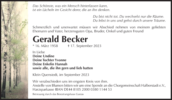 Traueranzeige von Gerald Becker von Volksstimme Halberstadt
