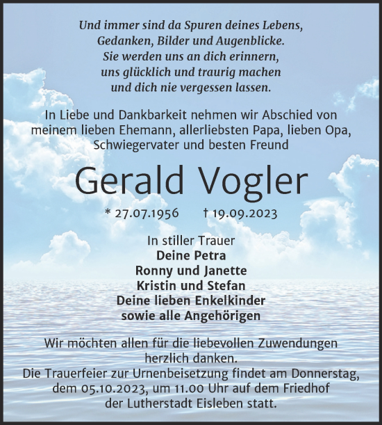Traueranzeige von Gerald Vogler von Trauerkombi Mansfelder Land