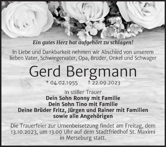 Traueranzeige von Gerd Bergmann von Trauerkombi Merseburg