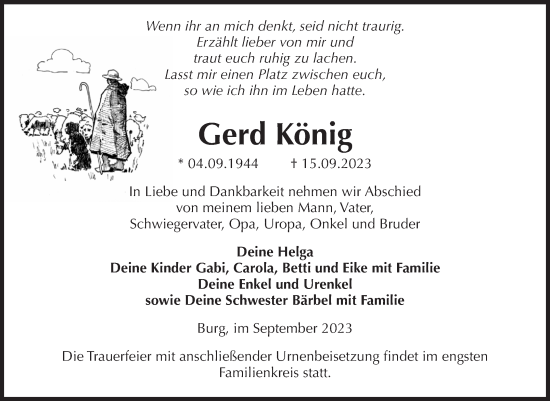 Traueranzeige von Gerd König von Volksstimme Burg/Genthin