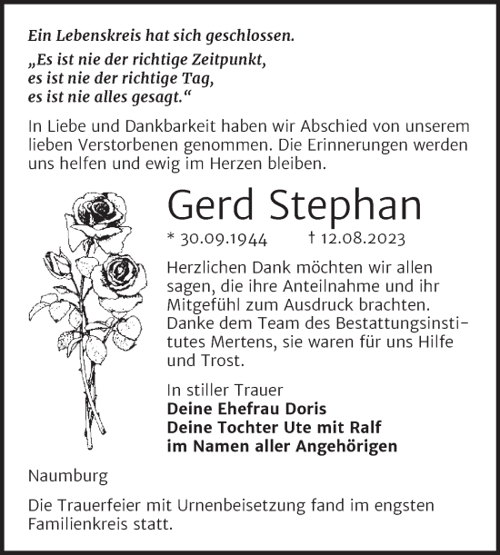 Traueranzeige von Gerd Stephan von Wochenspiegel Naumburg/Nebra