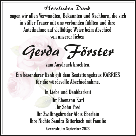 Traueranzeige von Gerda Förster von Trauerkombi Quedlinburg