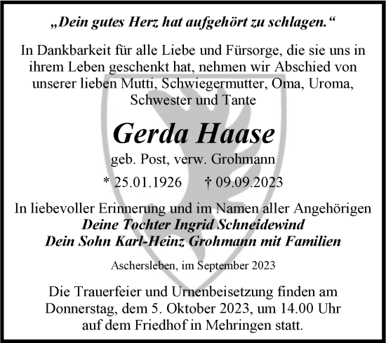 Traueranzeige von Gerda Haase von Trauerkombi Aschersleben