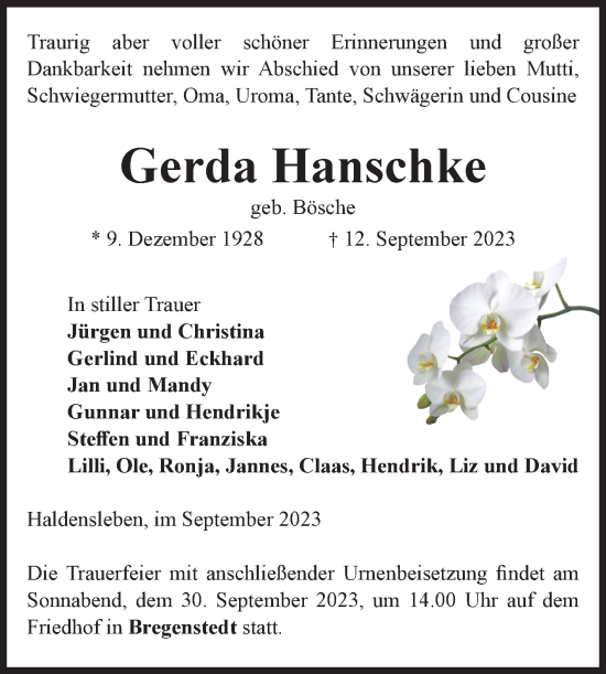 Traueranzeige von Gerda Hanschke von Volksstimme Haldensleben/Wolmirstedt