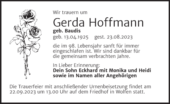 Traueranzeige von Gerda Hoffmann von Trauerkombi Bitterfeld
