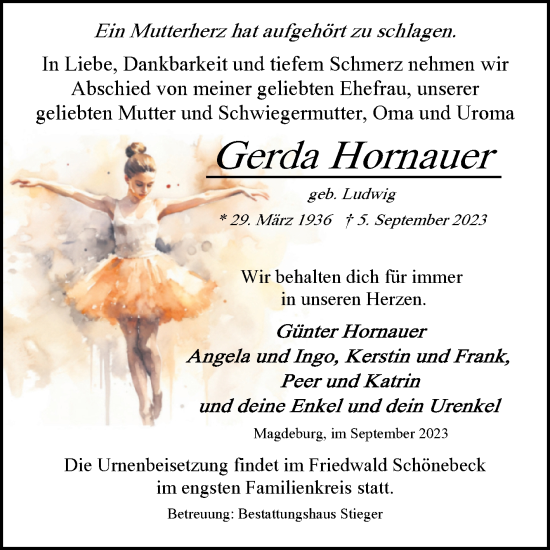 Traueranzeige von Gerda Hornauer von Volksstimme Magdeburg
