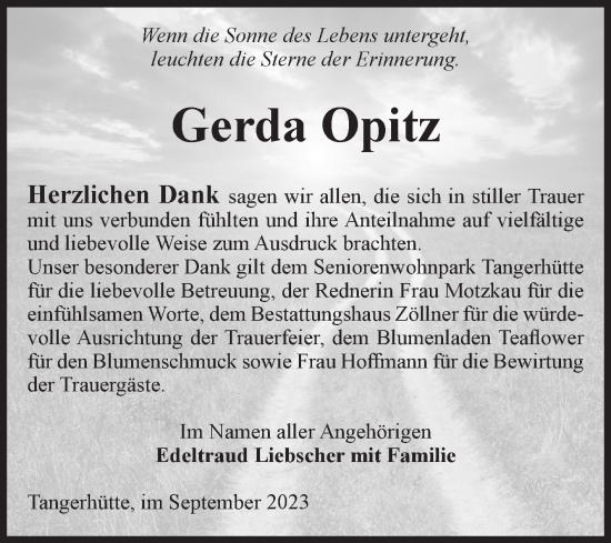 Traueranzeige von Gerda Opitz von Volksstimme Altmark Ost