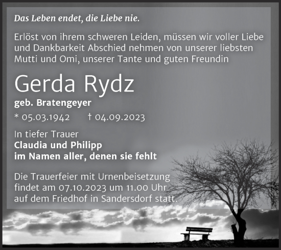 Traueranzeige von Gerda Rydz von Trauerkombi Bitterfeld
