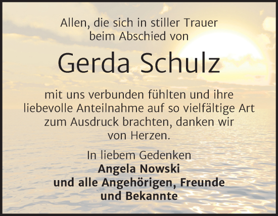 Traueranzeige von Gerda Schulz von Trauerkombi Sangerhausen