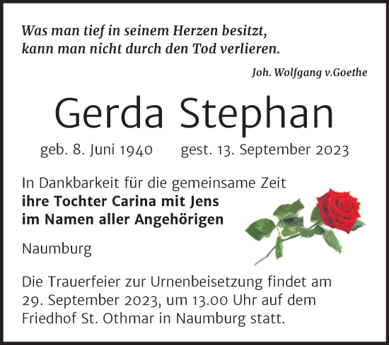 Traueranzeige von Gerda Stephan von Naumburger Tageblatt