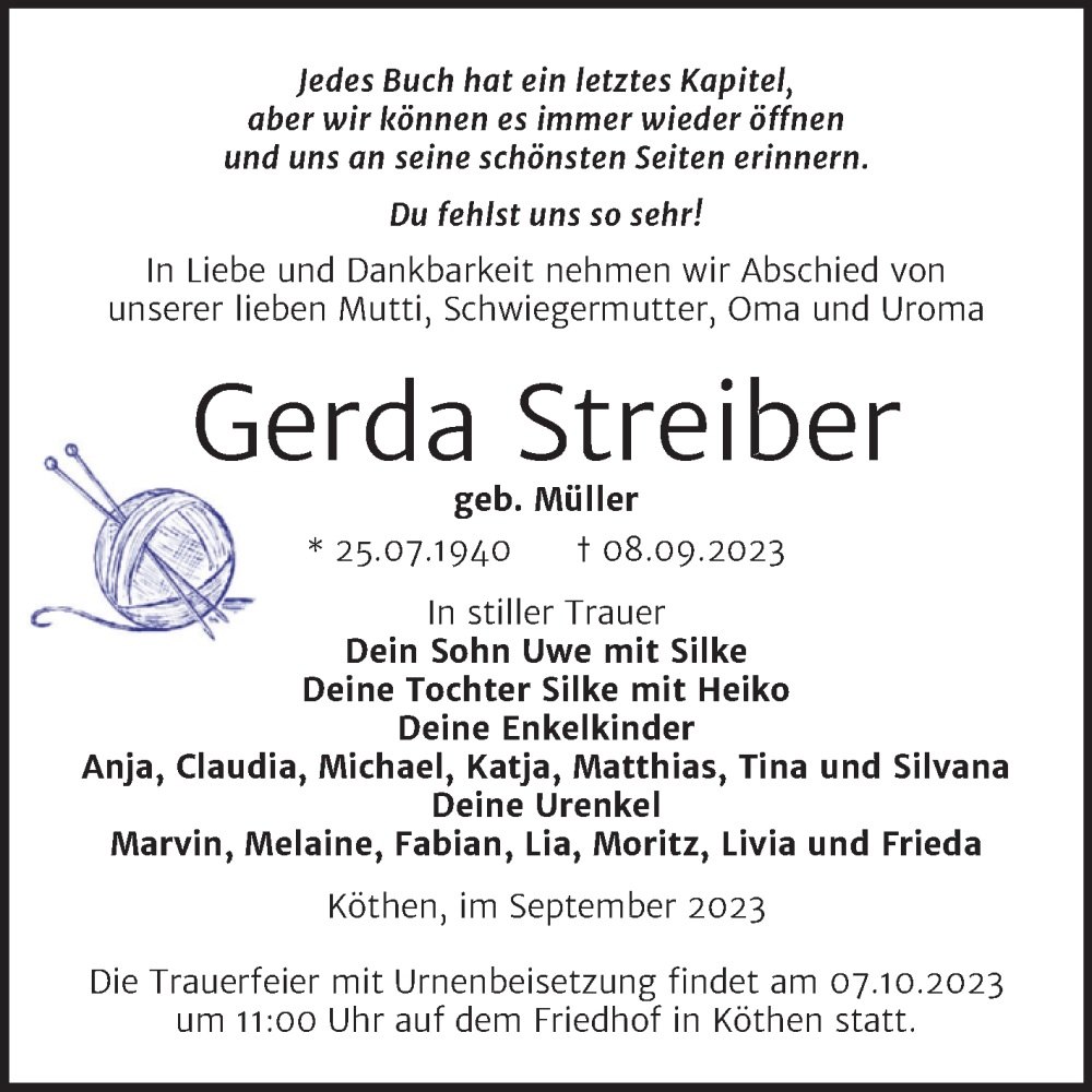  Traueranzeige für Gerda Streiber vom 23.09.2023 aus Trauerkombi Köthen