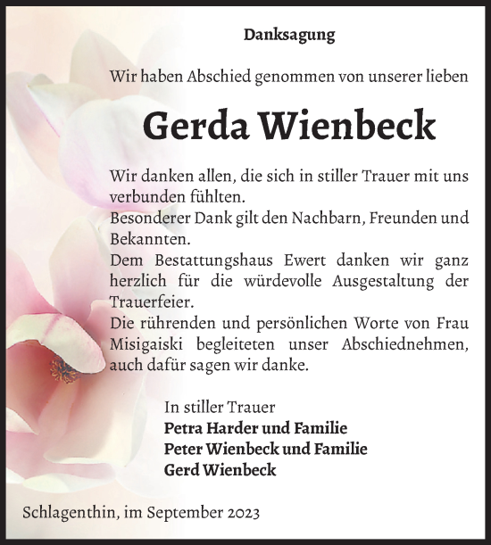 Traueranzeige von Gerda Wienbeck von Volksstimme Burg/Genthin
