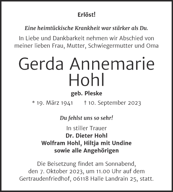 Traueranzeige von Gerda Annemarie Hohl von Mitteldeutsche Zeitung Halle/Saalkreis