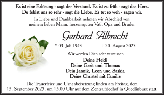 Traueranzeige von Gerhard Albrecht von Trauerkombi Quedlinburg
