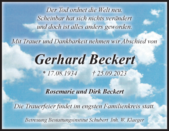Traueranzeige von Gerhard Beckert von Volksstimme Haldensleben/Wolmirstedt