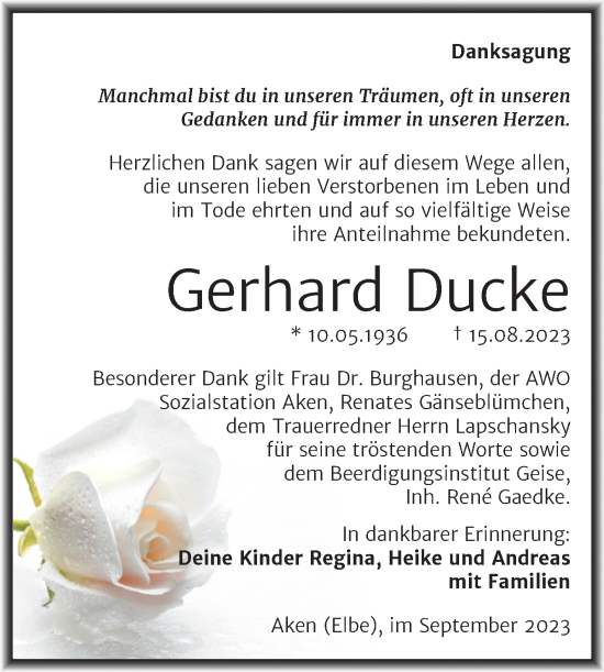 Traueranzeige von Gerhard Ducke von Trauerkombi Köthen