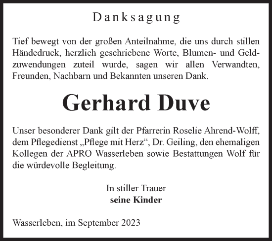 Traueranzeige von Gerhard Duve von Volksstimme Wernigerode