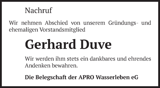 Traueranzeige von Gerhard Duve von Volksstimme Wernigerode
