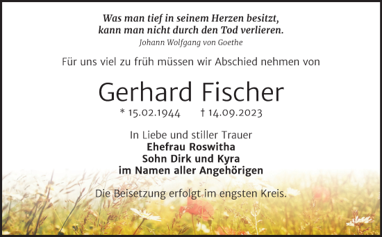 Traueranzeige von Gerhard Fischer von Trauerkombi Bernburg