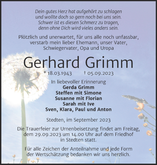 Traueranzeige von Gerhard Grimm von Trauerkombi Mansfelder Land
