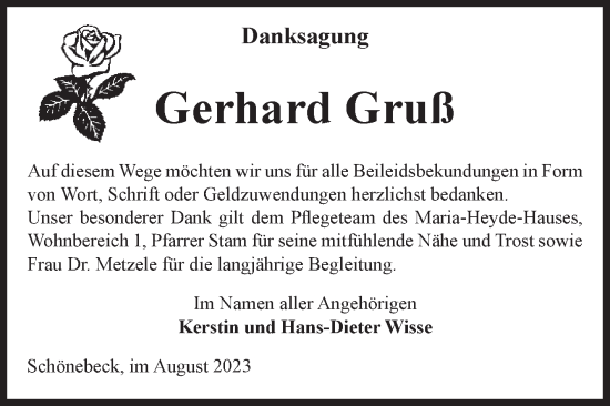 Traueranzeige von Gerhard Gruß von Volksstimme Schönebeck