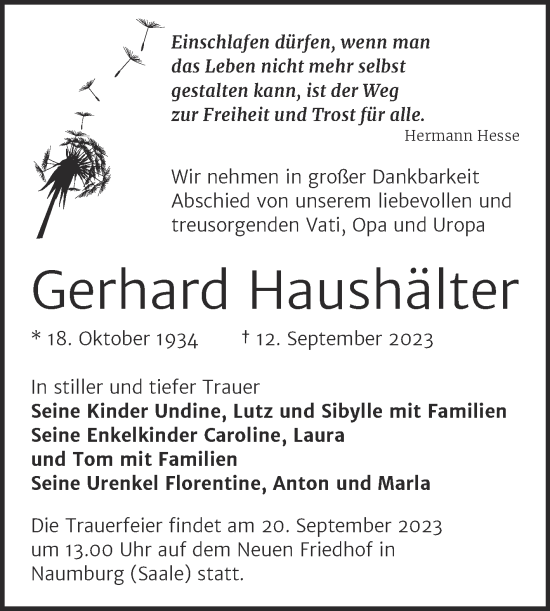 Traueranzeige von Gerhard Haushälter von Naumburger Tageblatt