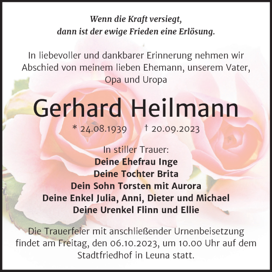 Traueranzeige von Gerhard Heilmann von Trauerkombi Merseburg