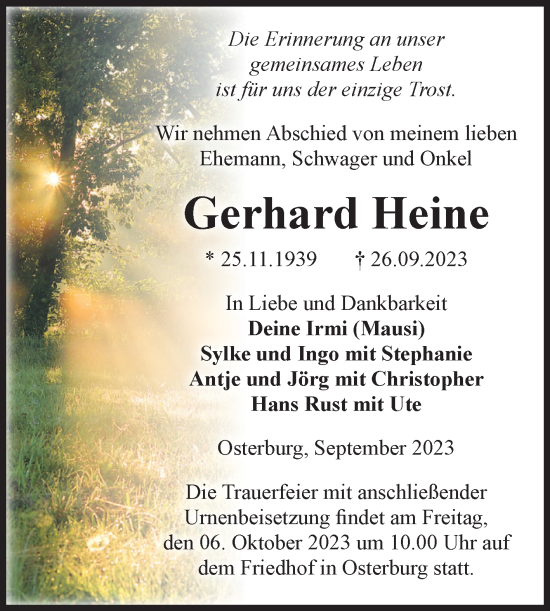 Traueranzeige von Gerhard Heine von Volksstimme Altmark Ost