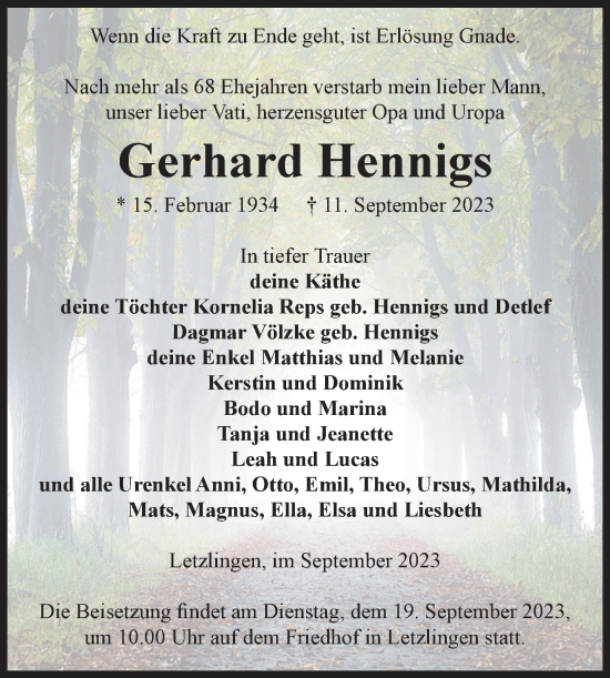 Traueranzeige von Gerhard Hennigs von Volksstimme Altmark West