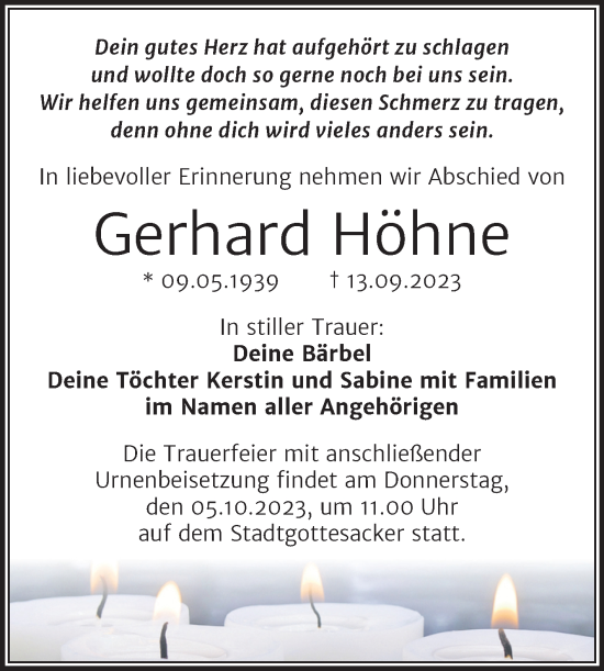 Traueranzeige von Gerhard Höhne von Mitteldeutsche Zeitung Halle/Saalkreis