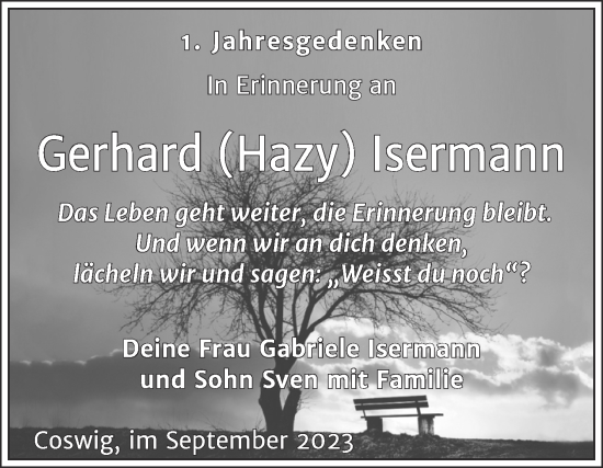 Traueranzeige von Gerhard Isermann von Trauerkombi Wittenberg