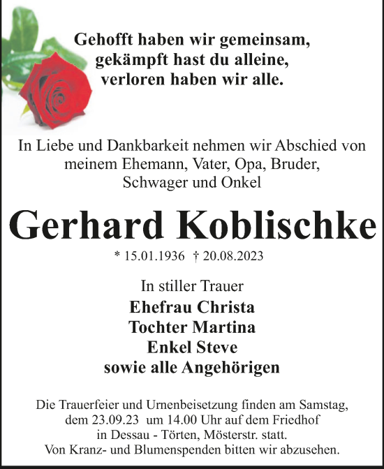 Traueranzeige von Gerhard Koblischke von Trauerkombi Dessau