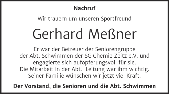 Traueranzeige von Gerhard Meßner von Trauerkombi Zeitz