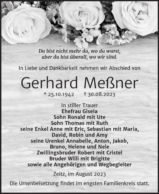 Traueranzeige von Gerhard Meßner von Trauerkombi Zeitz