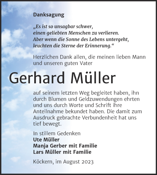 Traueranzeige von Gerhard Müller von Trauerkombi Bitterfeld