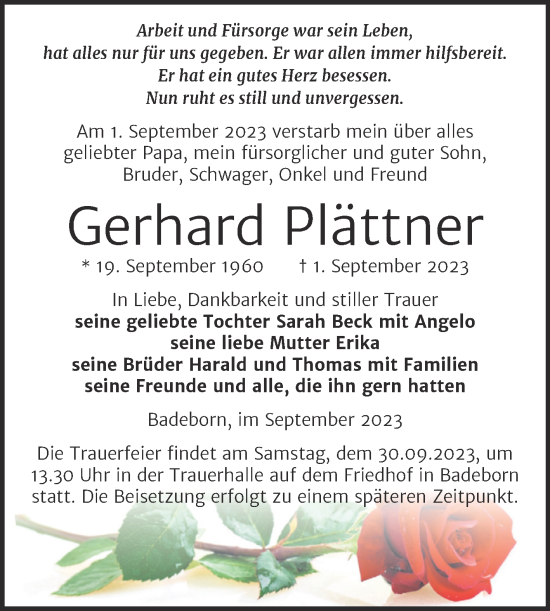 Traueranzeige von Gerhard Plättner von Trauerkombi Quedlinburg