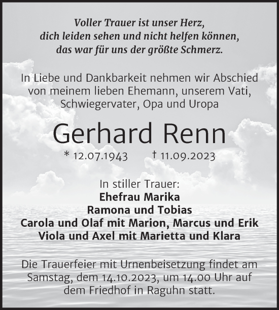 Traueranzeige von Gerhard Renn von Trauerkombi Bitterfeld