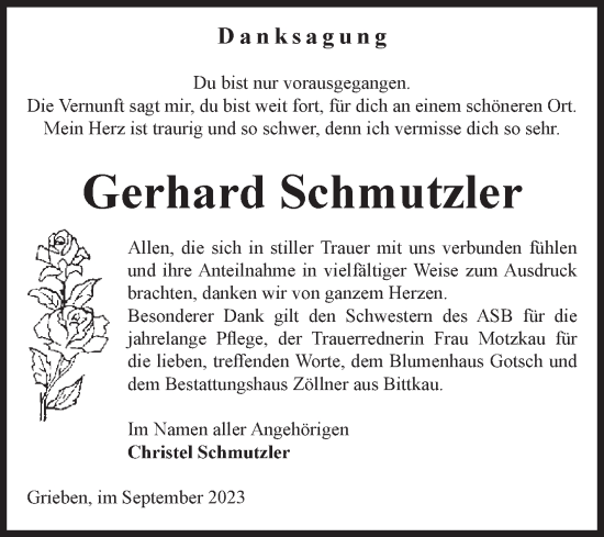 Traueranzeige von Gerhard Schmutzler von Volksstimme Altmark Ost