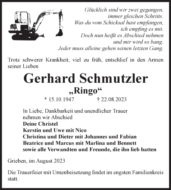 Traueranzeige von Gerhard Schmutzler von Volksstimme Altmark Ost